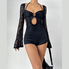 Long sleeve halter self tie lace hollow out romper