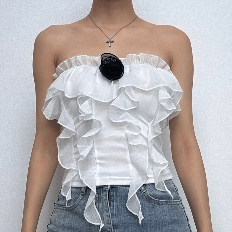 Rose applique ruffle ruched tube top-final-sale