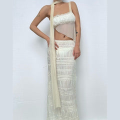 One shoulder mesh maxi skirt set