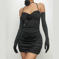 Gloves v neck halter backless flower applique mini dress-final-sale