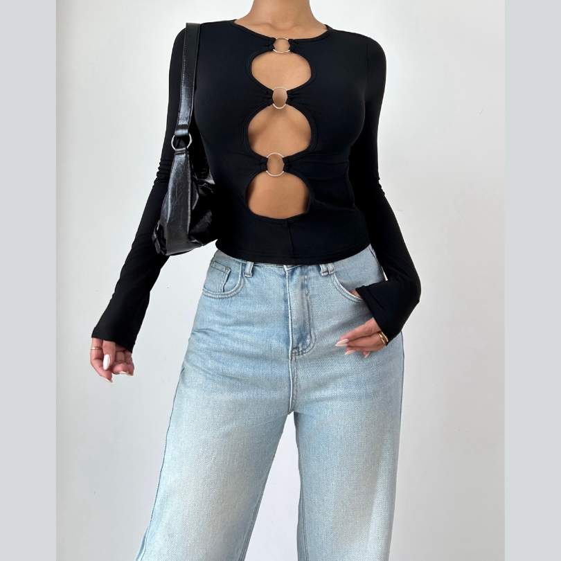 Long sleeve hollow out o ring cut out top