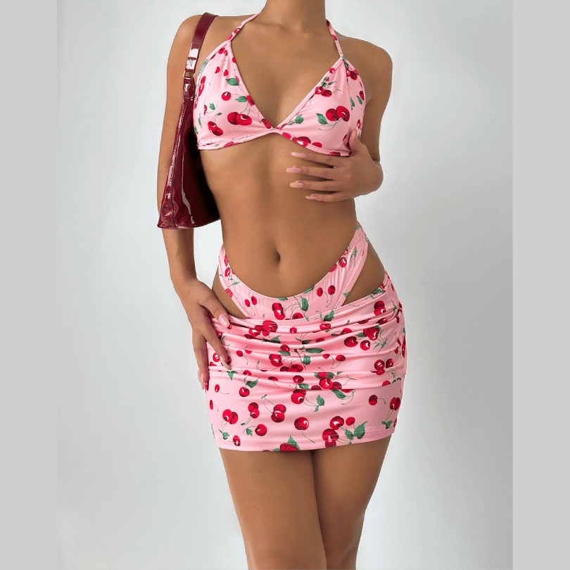 Halter self tie Cherry print v neck bikini swimwear