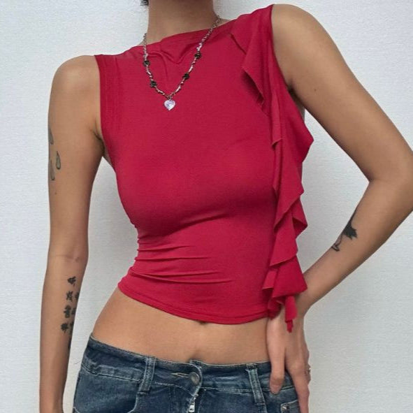 Ruffle crewneck solid irregular top
