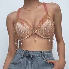 Metal chain beaded faux pearl cross backless bralette top