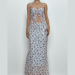 Print ruched high slit sweetheart neck mesh cami maxi skirt set
