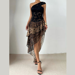 Leopard print irregular lace one shoulder mini dress