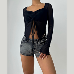 Mesh long sleeve v neck leopard print ruched top