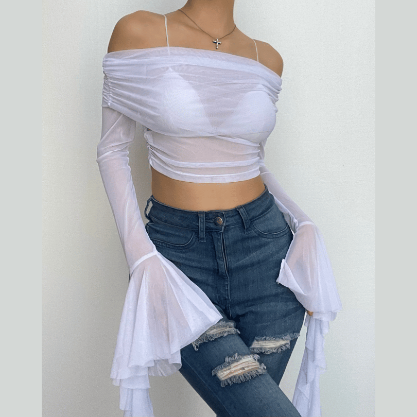 Long flared sleeve off shoulder ruffle sheer mesh backless top-final-sale
