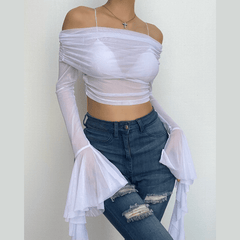 Long flared sleeve off shoulder ruffle sheer mesh backless top-final-sale