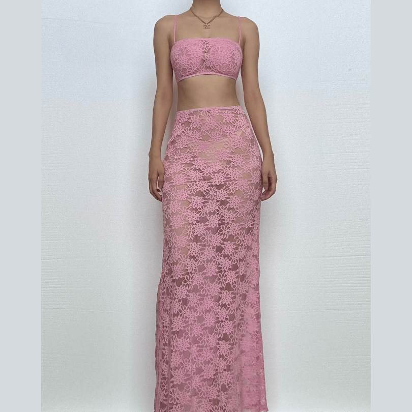 Sheer lace see through cami maxi skirt set-final-sale