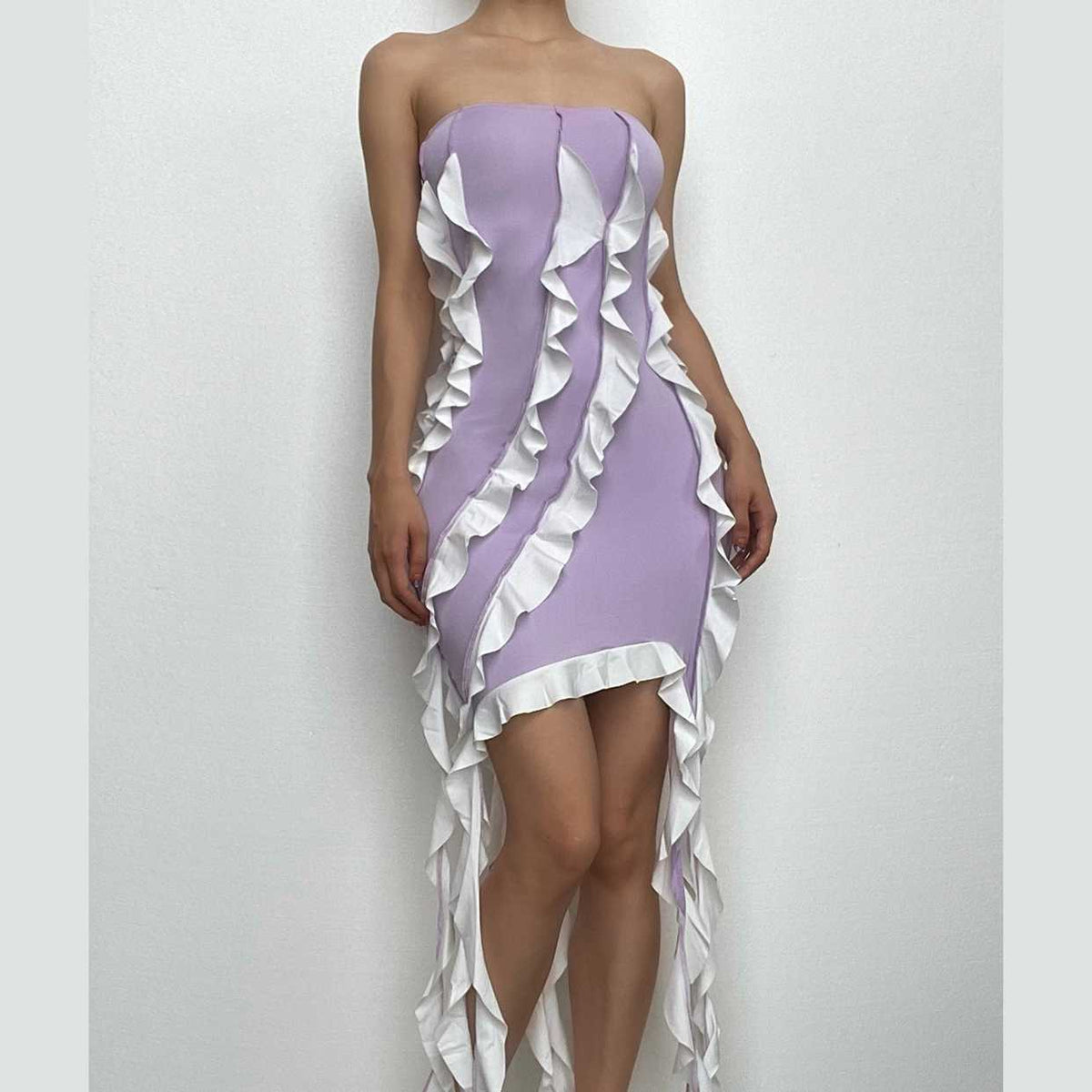 Ruffle contrast irregular backless tube mini dress-final-sale
