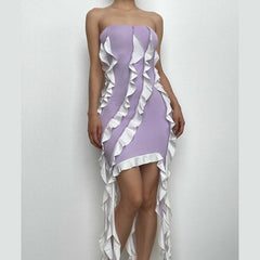 Ruffle contrast irregular backless tube mini dress-final-sale