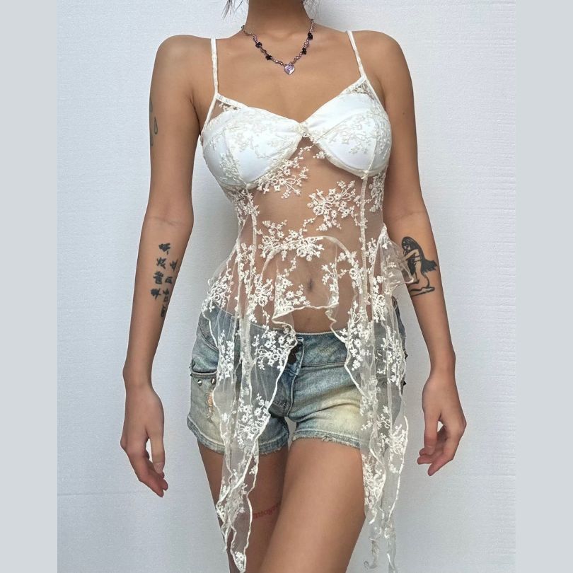 Lace v neck ruffle backless cami top