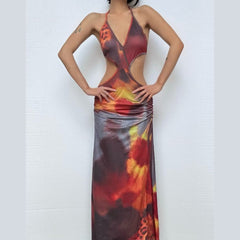 Halter self tie deep V neck leopard print maxi dress