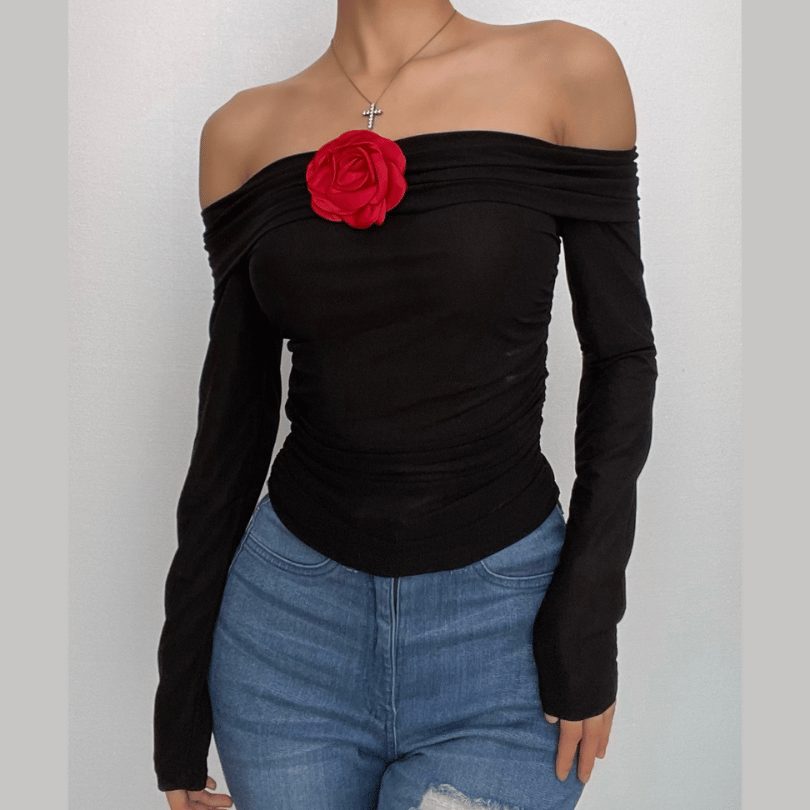 See through flower applique off shoulder ruched long sleeve top-final-sale