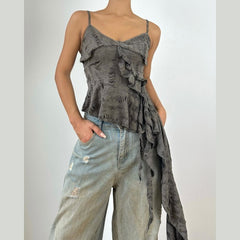 V neck ruffle irregular backless solid cami top
