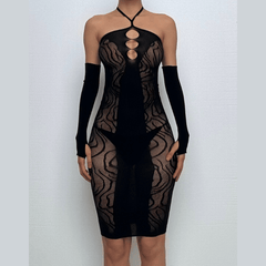 Halter zebra gloves hollow out cami cut out midi dress