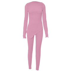 Long sleeve irregular ruched solid pant set