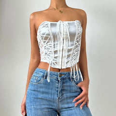 Lace up bustier button backless tube top