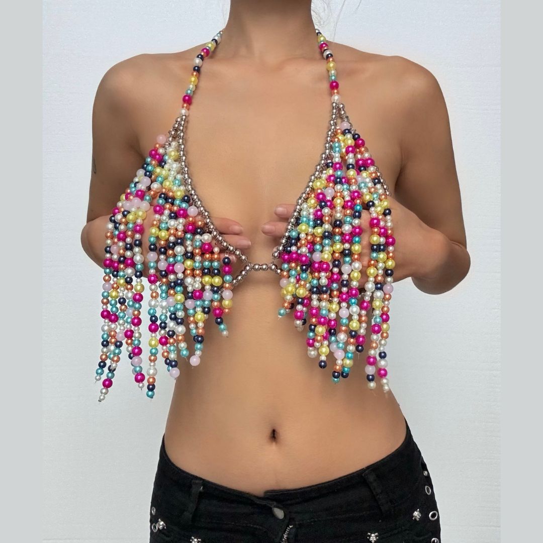 V neck halter contrast beaded backless crop top