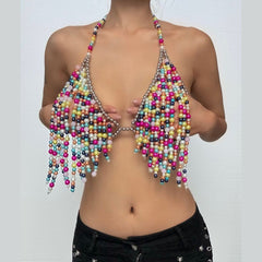 V neck halter contrast beaded backless crop top