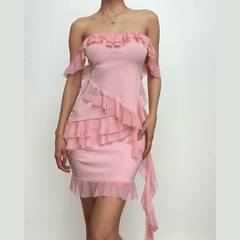 Ruffle solid off shoulder irregular backless mini skirt set