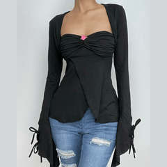 Long sleeve self tie ruched flower applique ruffle solid mini skirt set-final-sale