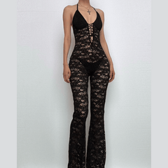 Halter lace lace up see through jumpsuit