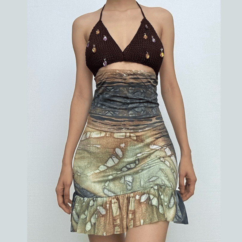 Halter self tie print deep V neck ruched mini dress