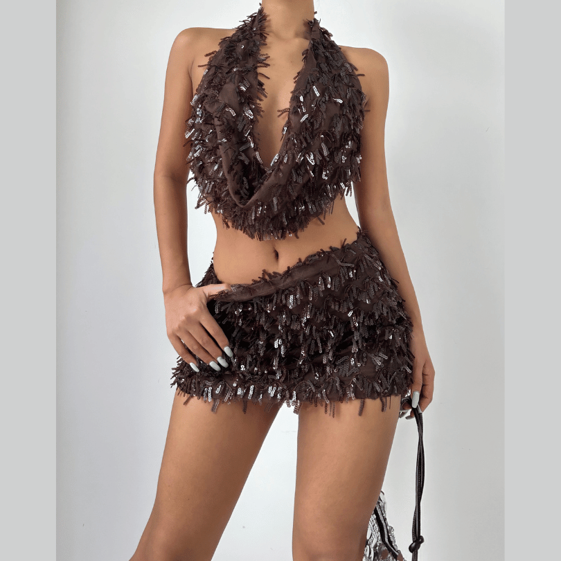 Glitter cowl neck halter backless mini skirt set