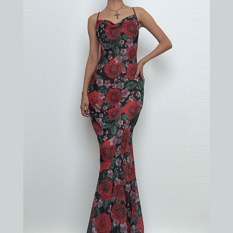 Cowl neck flower print contrast backless cami maxi dress-final-sale