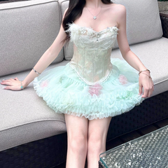 Lace hem mesh ruffle tube backless mini skirt set