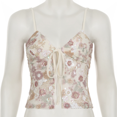 V neck glitter flower pattern self tie cami top