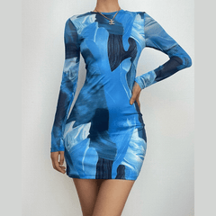 Long sleeve crewneck mesh contrast print mini dress-final-sale