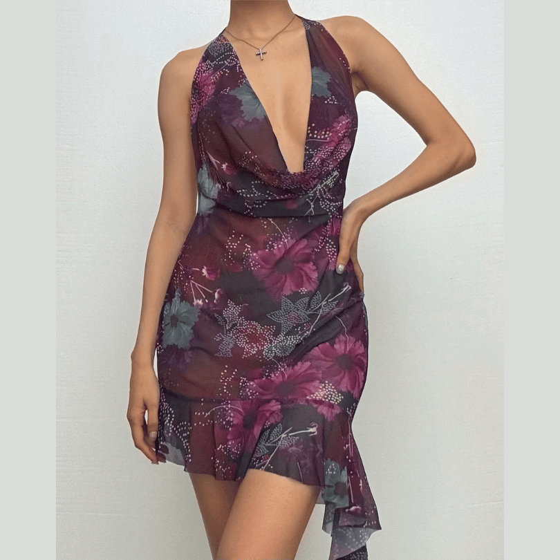 Halter cowl neck beaded sheer mesh print mini dress