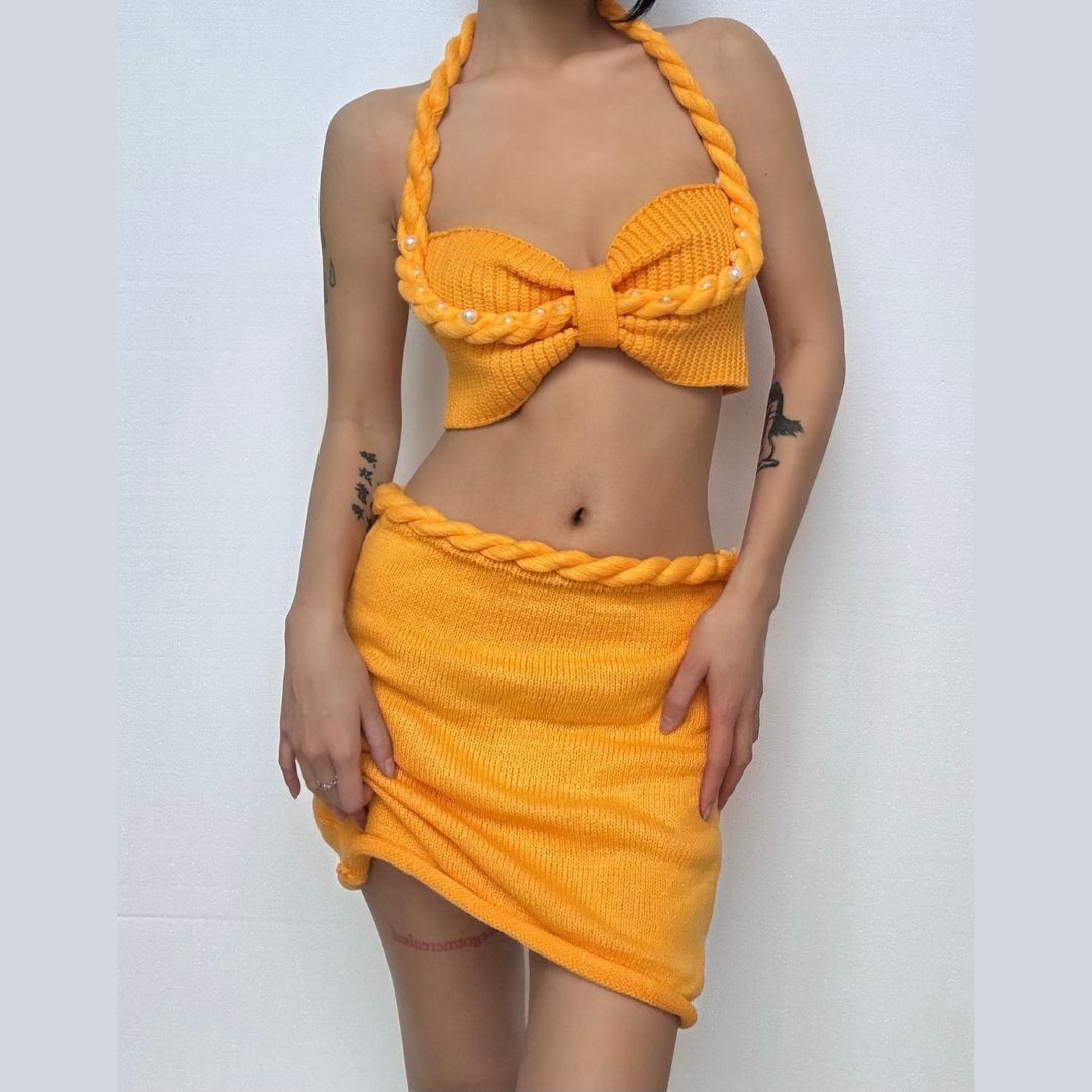 Halter knitted lace up beaded zip up mini skirt set