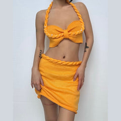 Halter knitted lace up beaded zip up mini skirt set