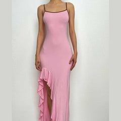 Irregular ruffle backless solid u neck cami maxi dress-final-sale