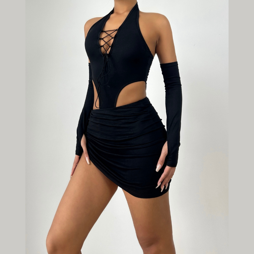 Halter lace up gloves drawstring hollow out cut out mini dress