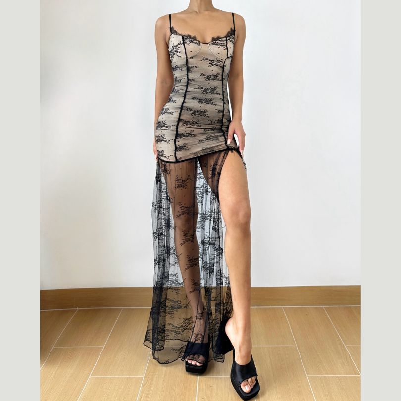 Lace ruched high slit cami maxi dress