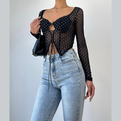 Long sleeve hollow out self tie v neck lace hem cut out top
