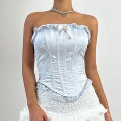 Bowknot lace hem corset lace up tube top