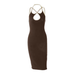 Cross front halter hollow out backless cut out midi dress