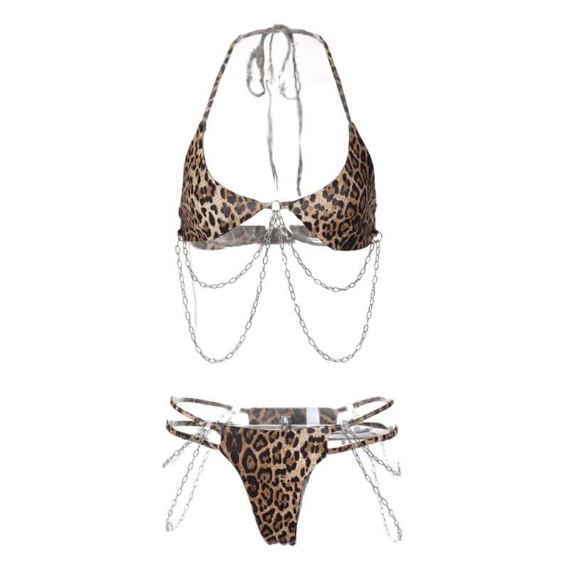Halter self tie leopard print u neck metal chain pant set