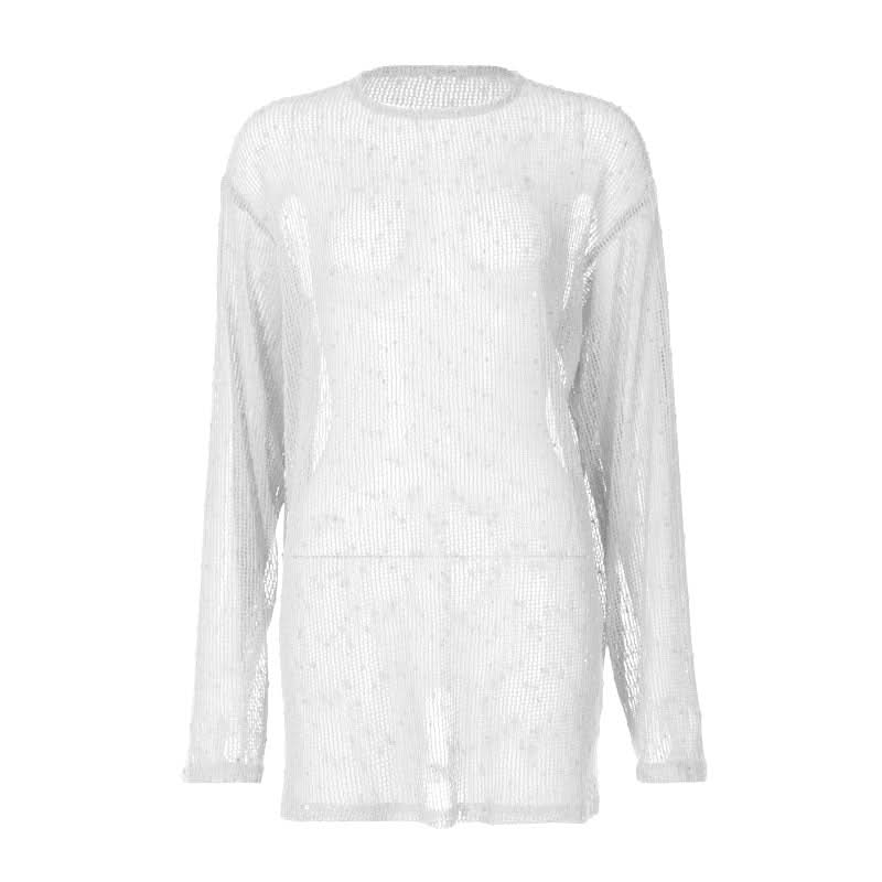 Long sleeve crewneck hollow out see through cut out top