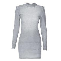 Long sleeve crewneck padded beaded mini dress