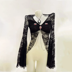 Long sleeve lace metal chain top