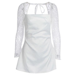 Long sleeve lace square neck self tie satin mini dress