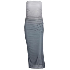 Gradient mesh ruched backless tube midi dress