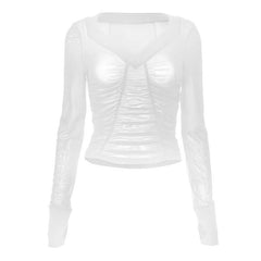 Long sleeve ruched mesh v neck gloves top